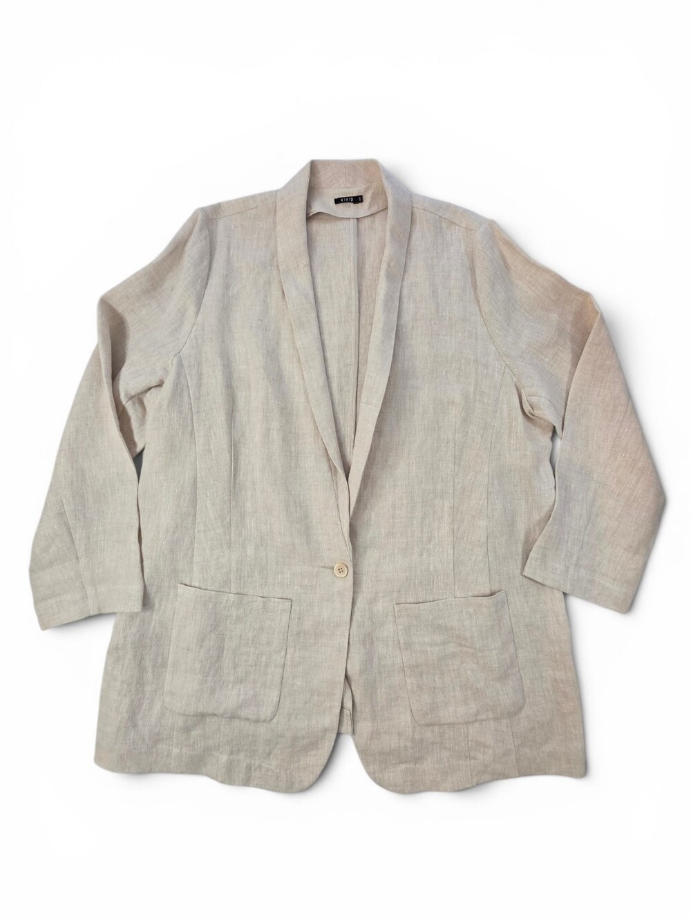 Vivid 100% Linen Blazer Jacket Oatmeal Beige Women 2X Lagenlook Coastal Minimal